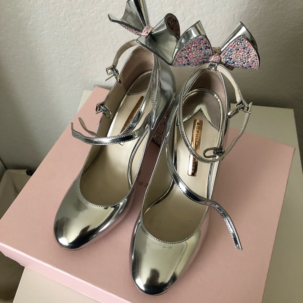 Sophia Webster Silver Mary Jane Heels with Multicolor Glitter Accents - Picture 6 of 8